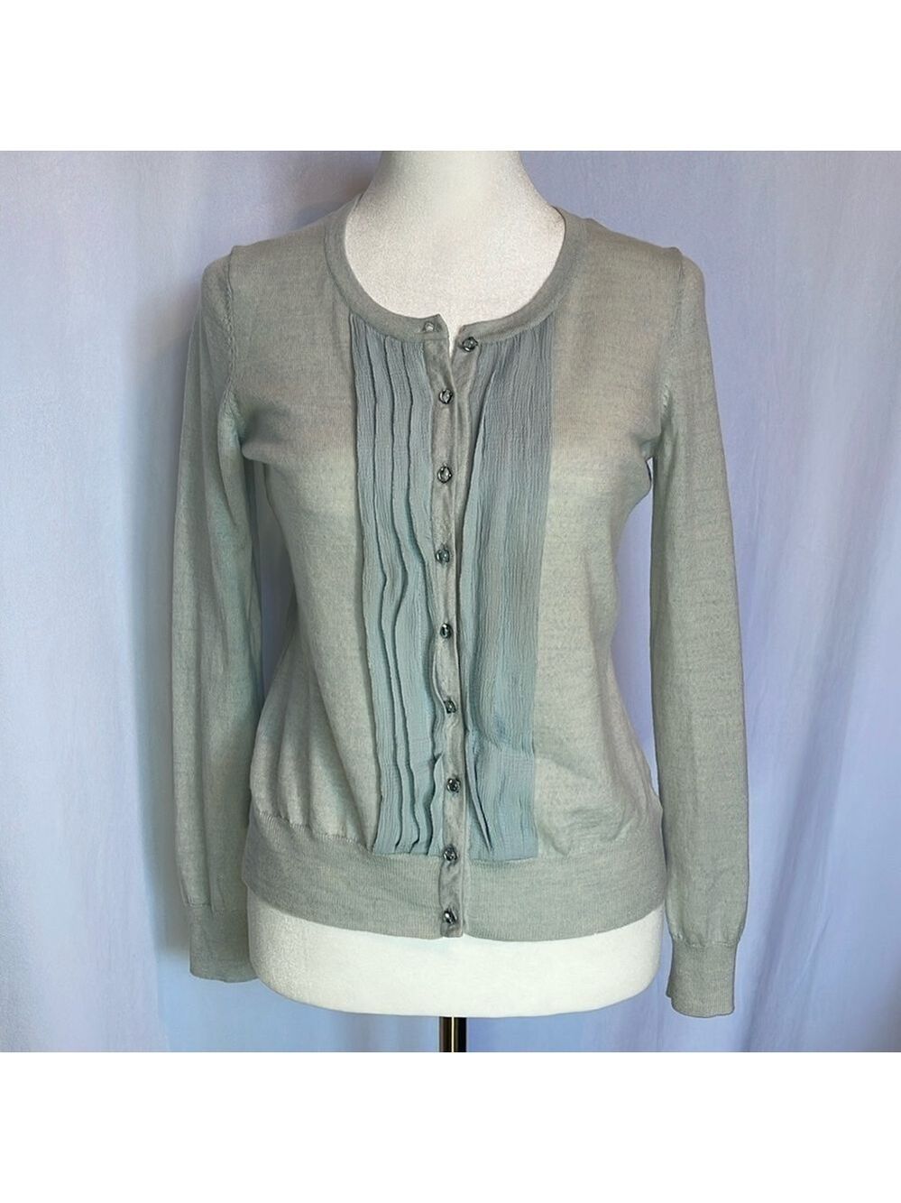 Talbots Blue Merino Wool Cardigan Sweater with Silk Front Ruffle Detail Size SP
